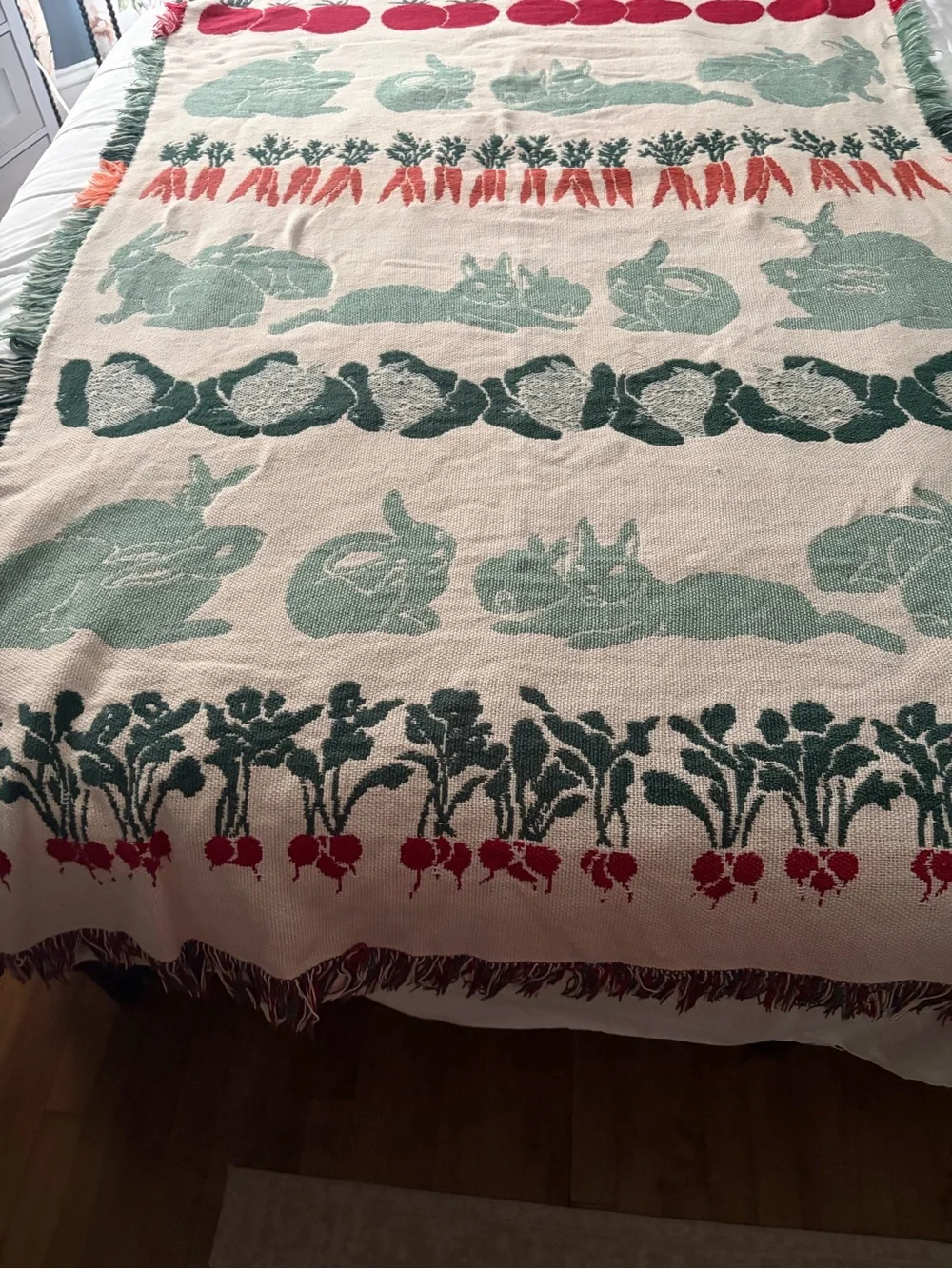 Rabbit & vegetable Cotton fringe edge Throw Blanket in Mint and Coral